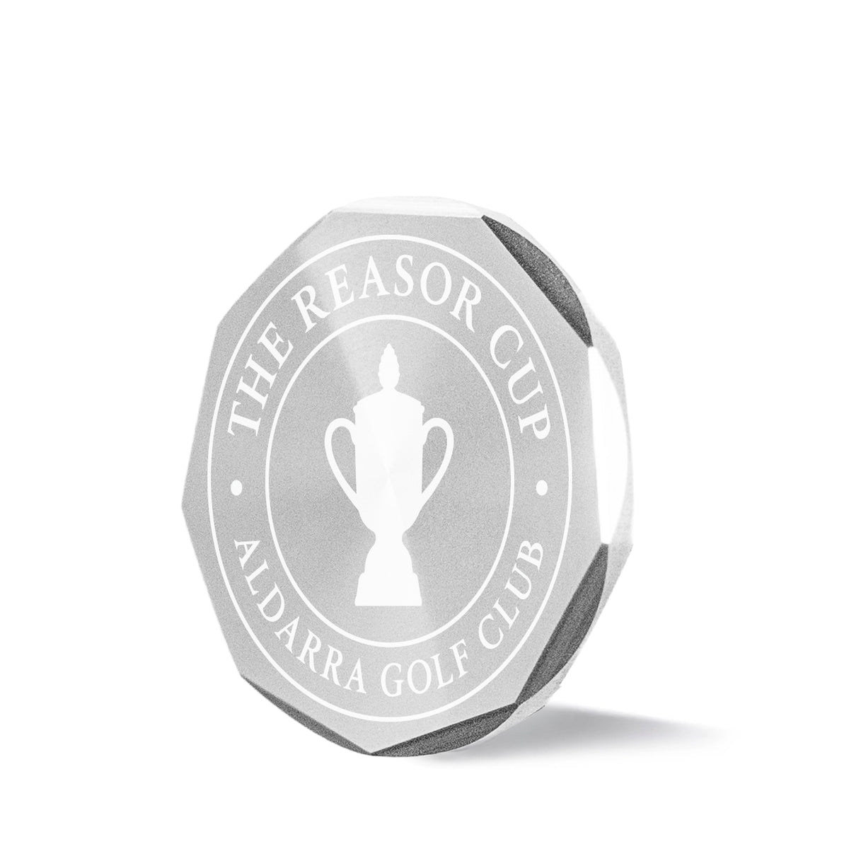 Tourney custom golf ball marker on faceted stainless steel, 1.25 inch