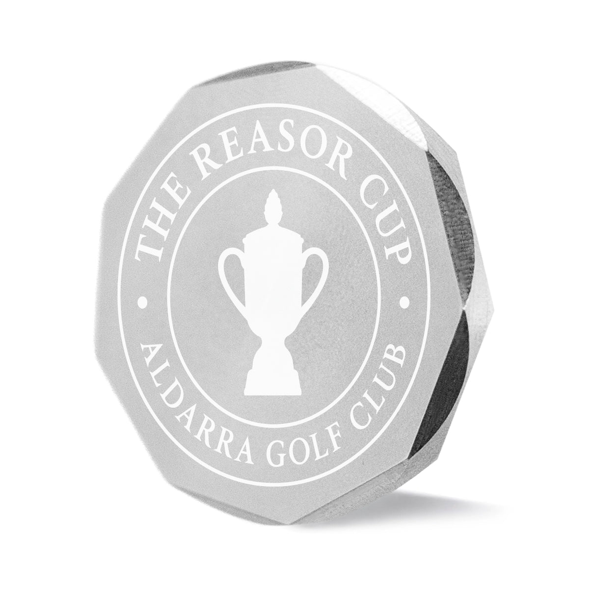 Tourney custom golf ball marker on faceted stainless steel, 1.5 inch